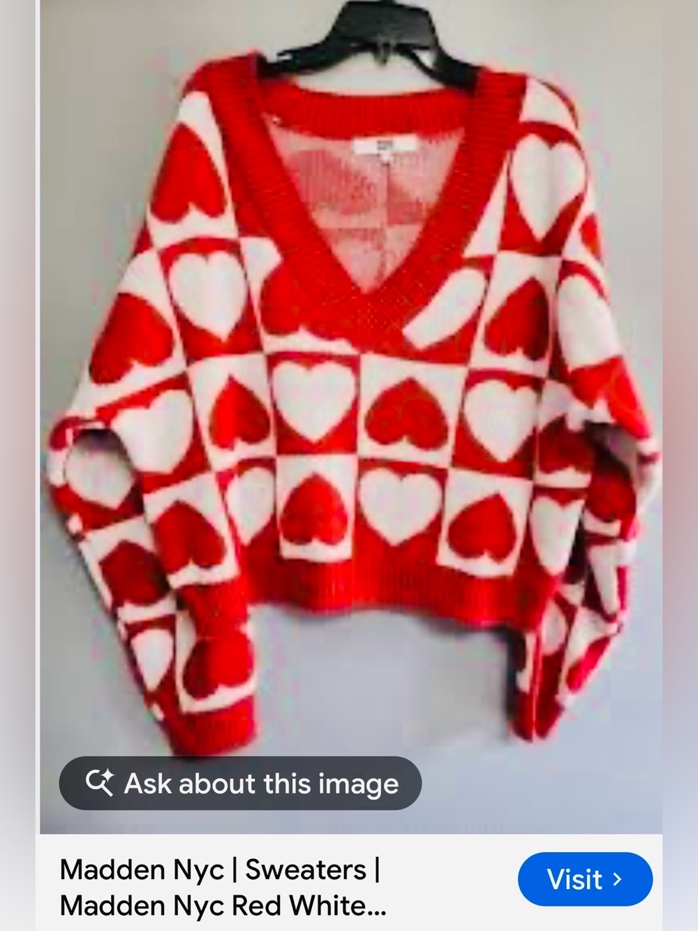 #3356**Red & Cream Heart-Print V-Neck Sweater